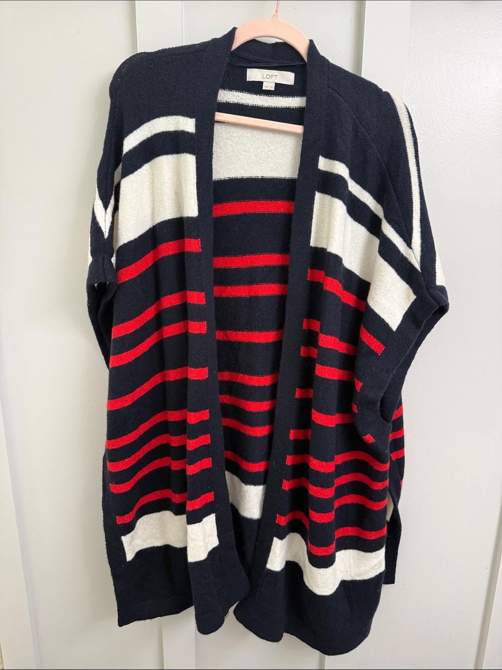 LOFT Navy, Red & White Striped Open-Front Cardigan